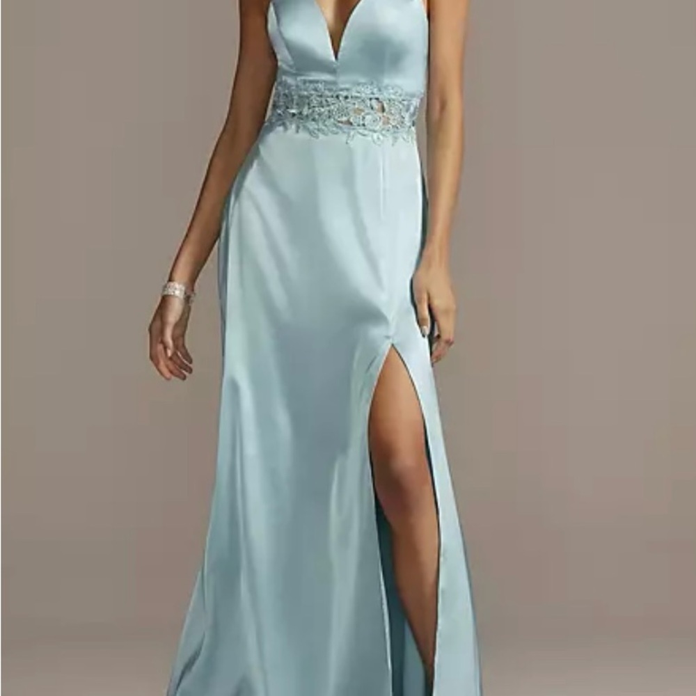 plunging-v embellished waist satin dress